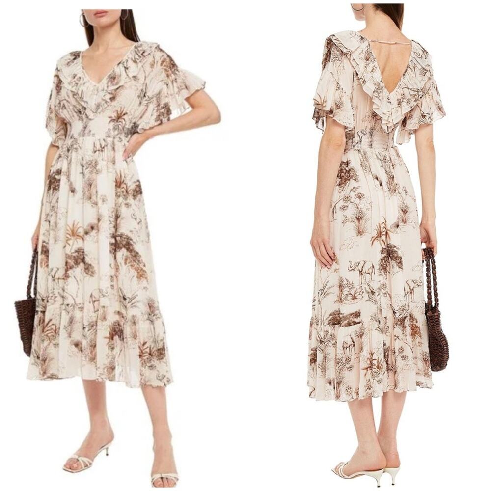 Sandro Jolay Natural Ecru Ruffled Printed Gauze Midi Dress